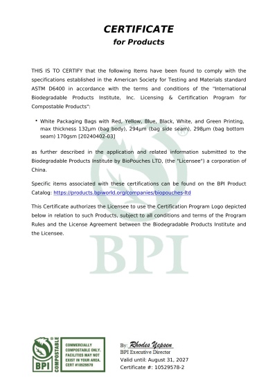 BPI Compostable Certification Certificate No.: <b>10539578-2</b>