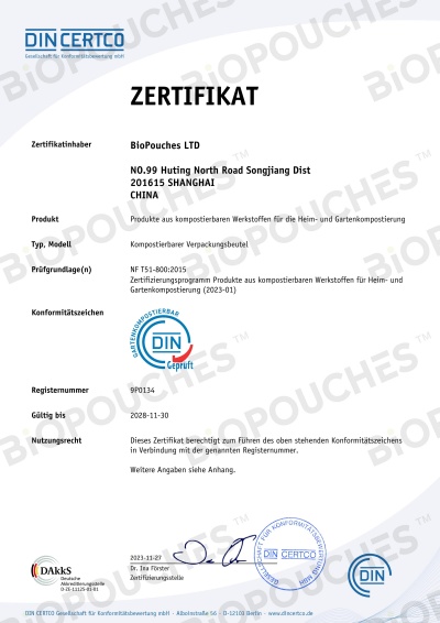 DIN CERTCO EN 13432 Compostable Certification Registration No.: <b>9P0134</b>